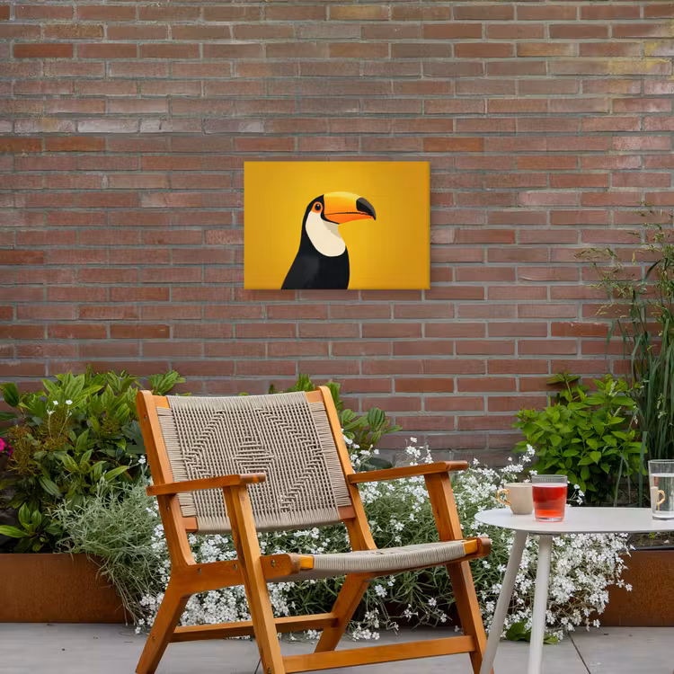 Toekan - Minimalistisch - Snavel - Oranje Tuinposter op houten frame 2 cm dik klein -sfeer3