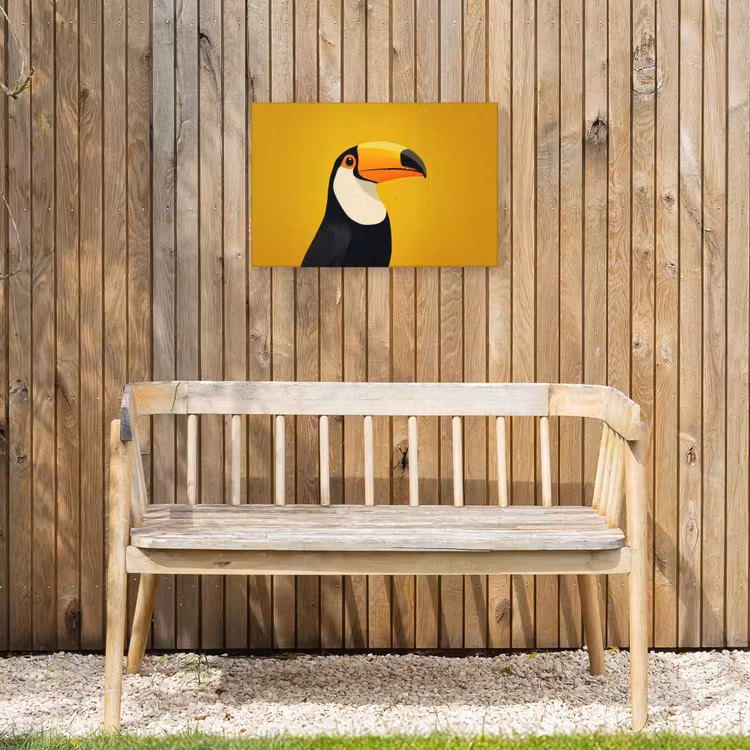 Toekan - Minimalistisch - Snavel - Oranje Tuinposter op houten frame 2 cm dik klein -sfeer4