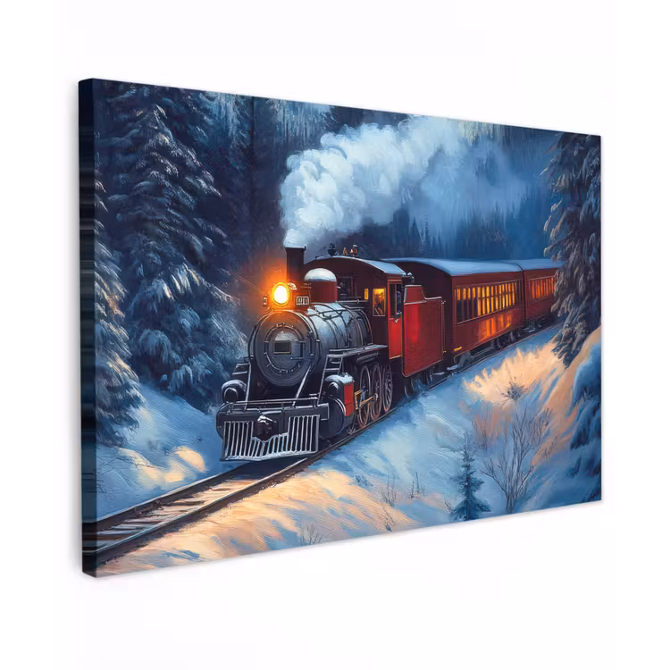 Trein - Kerst - Sneeuw - Kersttrein Tuinposter op houten frame 2 cm dik klein -3d