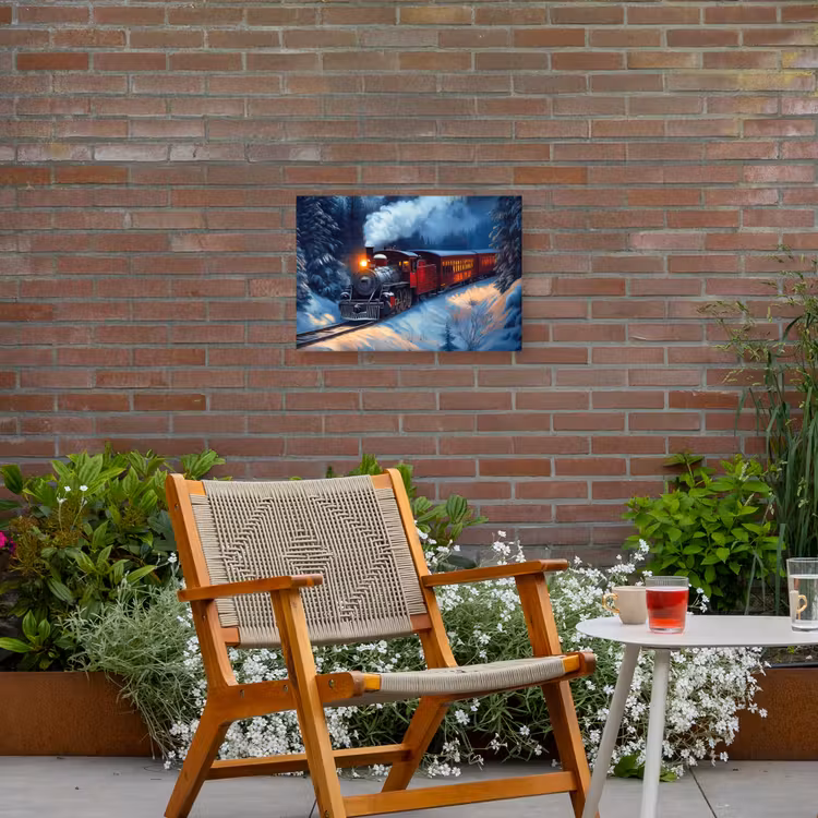 Trein - Kerst - Sneeuw - Kersttrein Tuinposter op houten frame 2 cm dik klein -sfeer3