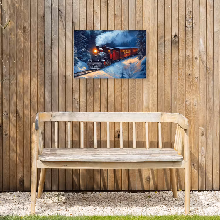 Trein - Kerst - Sneeuw - Kersttrein Tuinposter op houten frame 2 cm dik klein -sfeer4