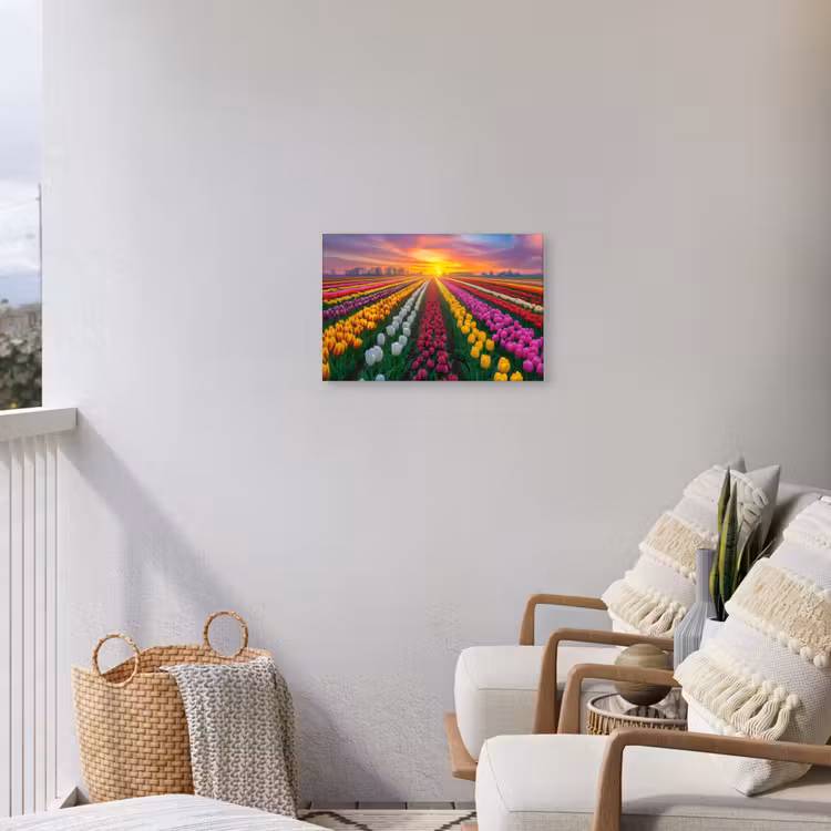 Tulpenveld - Zonsondergang - Kleurrijk Tuinposter op houten frame 2 cm dik klein -sfeer1