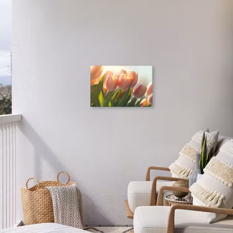 Tulpen - Roze - Zonnestralen Tuinposter op houten frame 2 cm dik klein -sfeer1