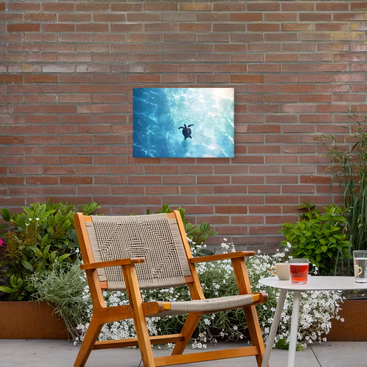 Schildpad - Zee - Blauw - Schittering Tuinposter op houten frame 2 cm dik klein -sfeer3