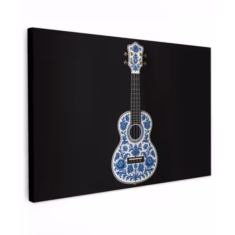 Ukelele - Delfts - Blauw - Muziek Tuinposter op houten frame 2 cm dik klein -3d