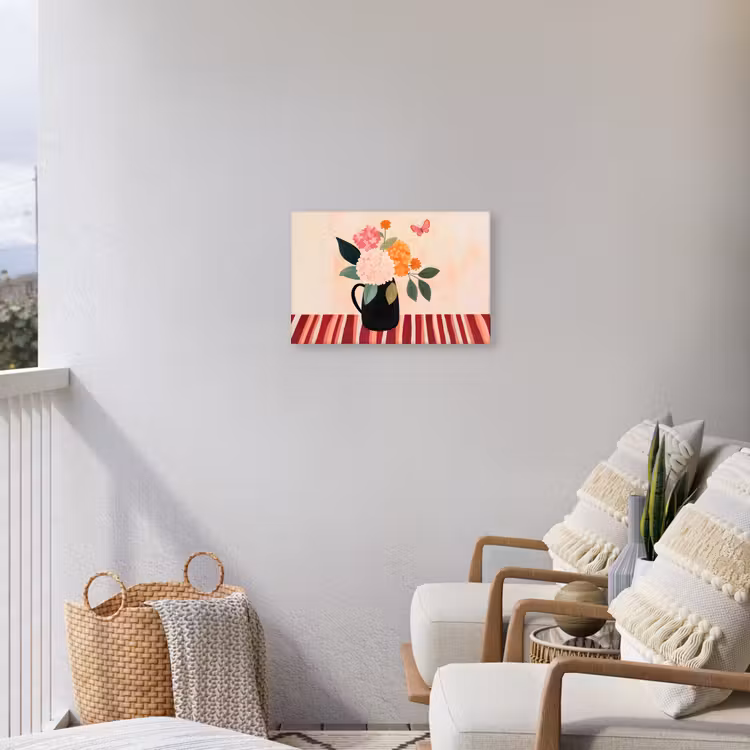 Vaas - Bloemen - Vlinder - Rood Tuinposter op houten frame 2 cm dik klein -sfeer1