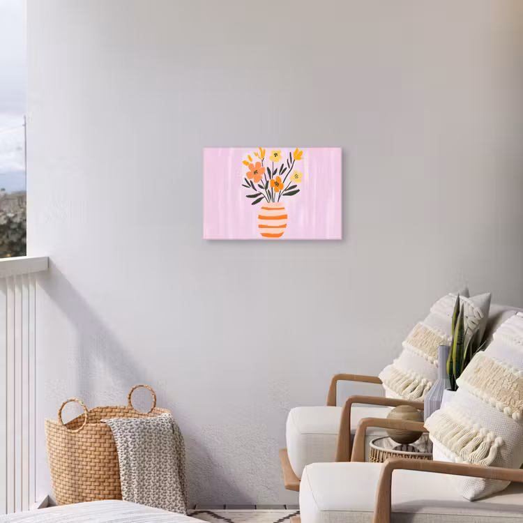 Vaas - Gestreept - Bloemen - Oranje Tuinposter op houten frame 2 cm dik klein -sfeer1