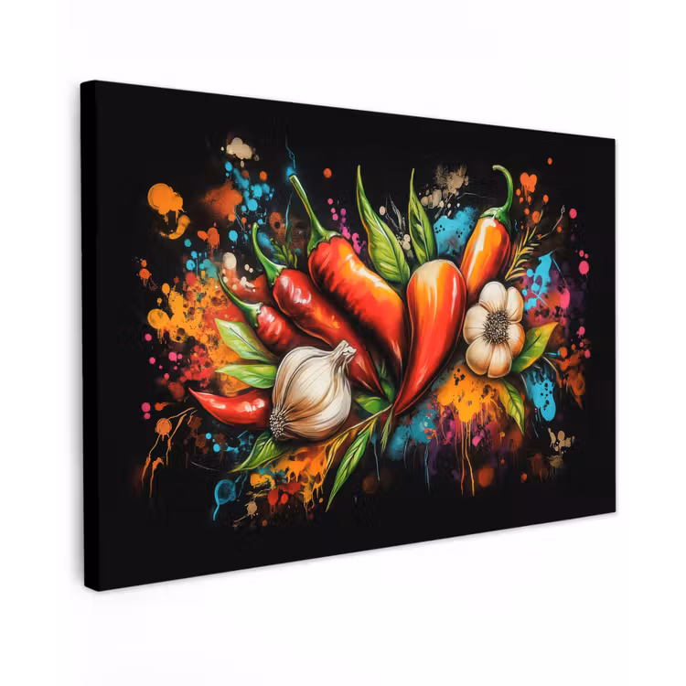 Groente - Peper - Knoflook - Graffiti - Verf - Kleurrijk Tuinposter op houten frame 2 cm dik klein -3d
