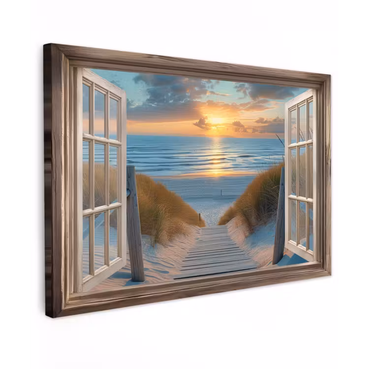 Doorkijk - Strand - Pad - Zonsondergang Tuinposter op houten frame 2 cm dik klein -3d