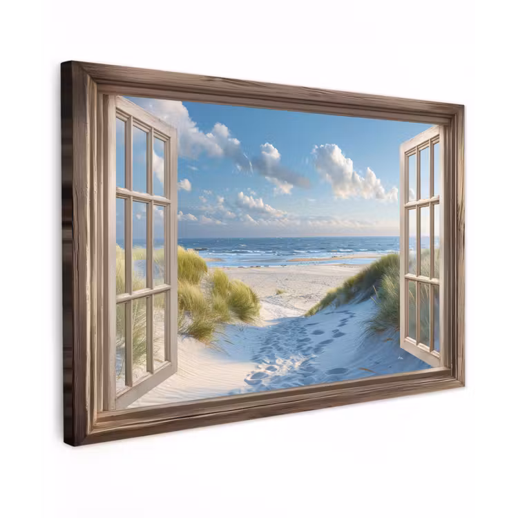 Doorkijk - Strand - Raam - Duinen - Zee Tuinposter op houten frame 2 cm dik klein -3d