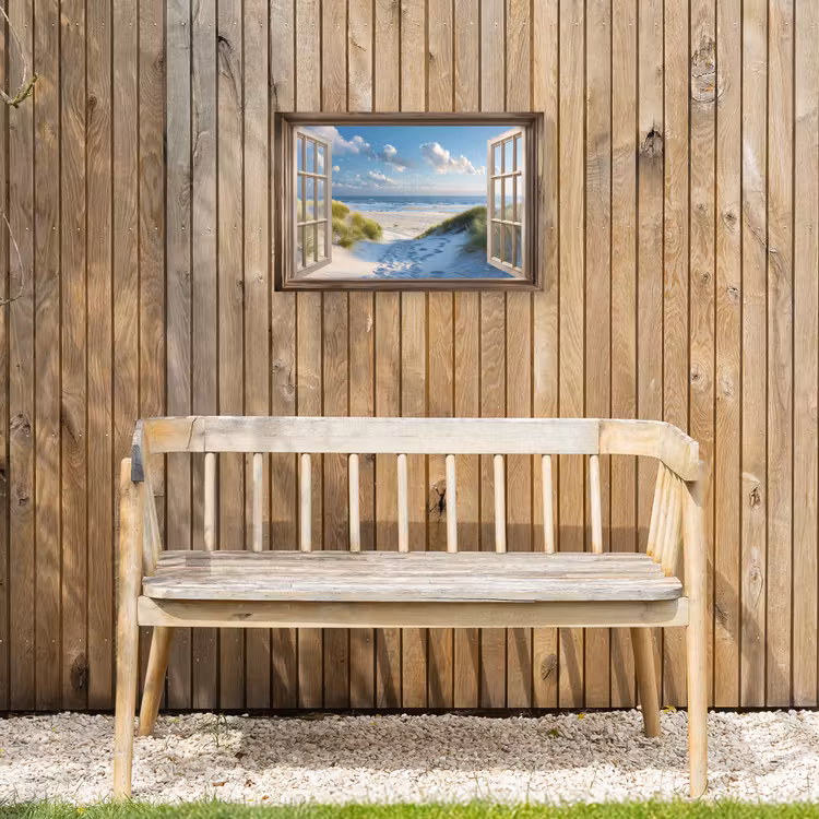 Doorkijk - Strand - Raam - Duinen - Zee Tuinposter op houten frame 2 cm dik klein -sfeer4