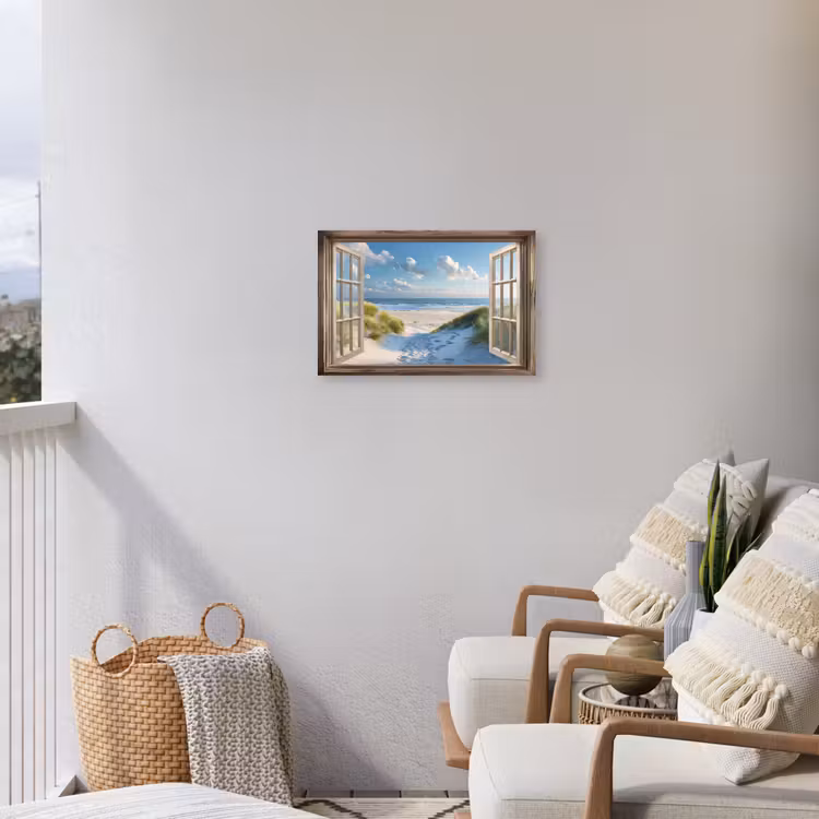 Doorkijk - Strand - Raam - Duinen - Zee Tuinposter op houten frame 2 cm dik klein -sfeer1