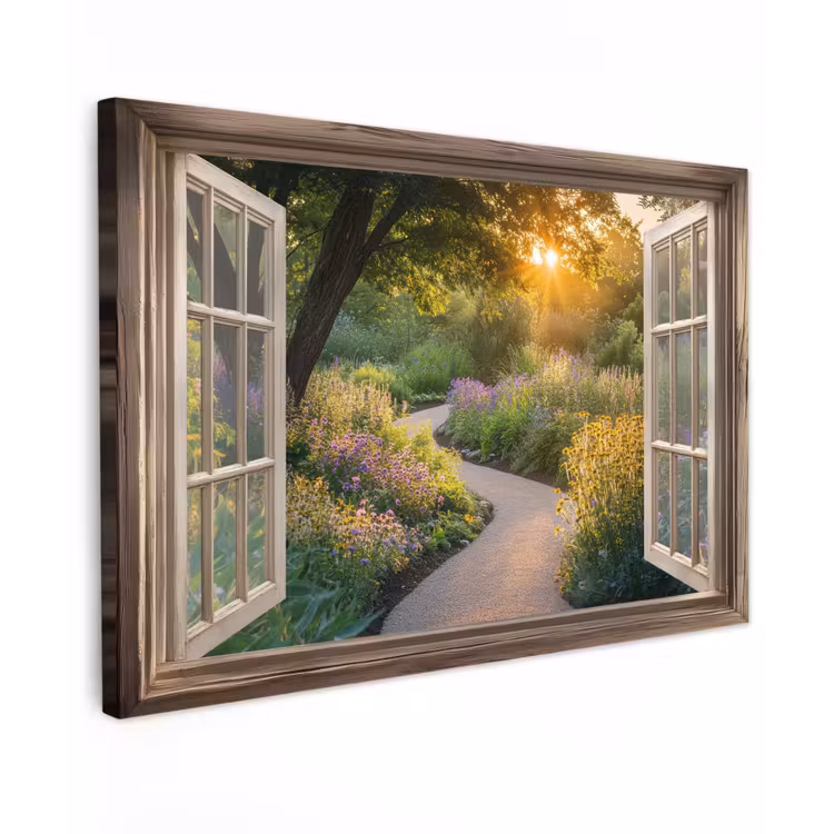 Doorkijk - Bloemen - Natuur - Zon - Pad Tuinposter op houten frame 2 cm dik klein -3d