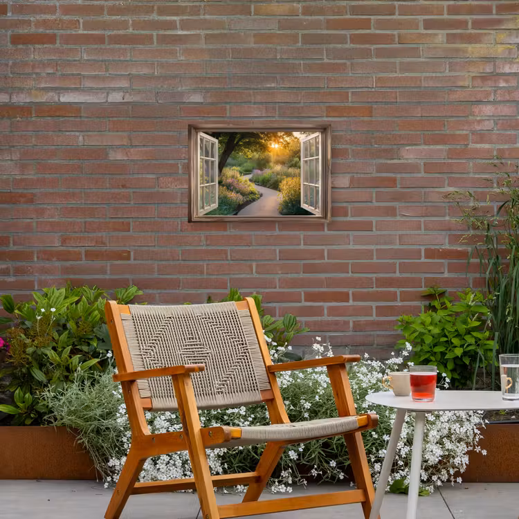 Doorkijk - Bloemen - Natuur - Zon - Pad Tuinposter op houten frame 2 cm dik klein -sfeer3