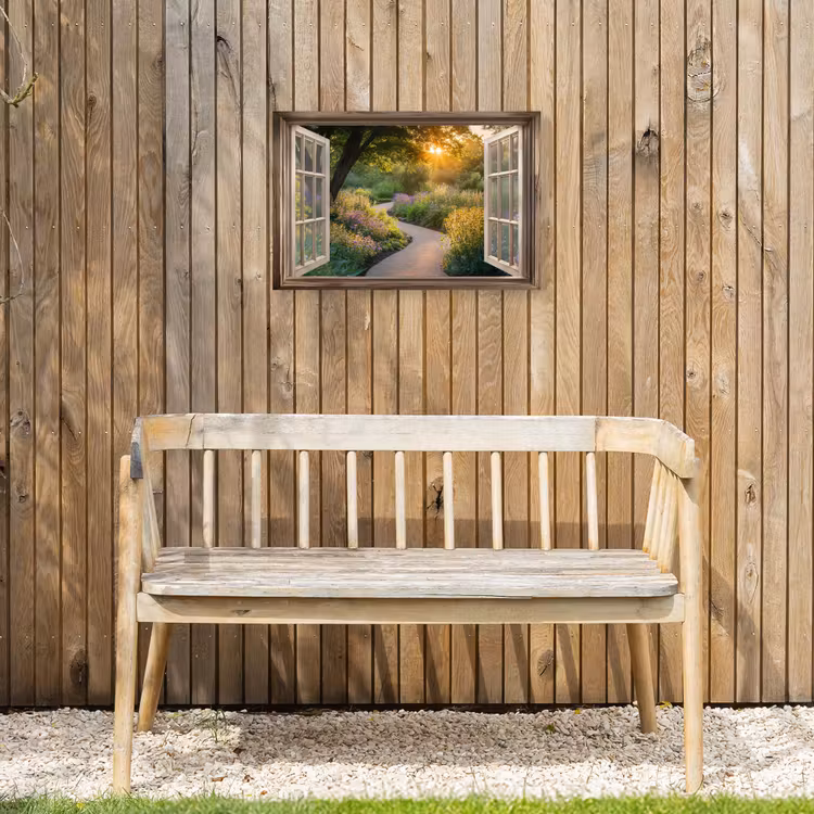 Doorkijk - Bloemen - Natuur - Zon - Pad Tuinposter op houten frame 2 cm dik klein -sfeer4