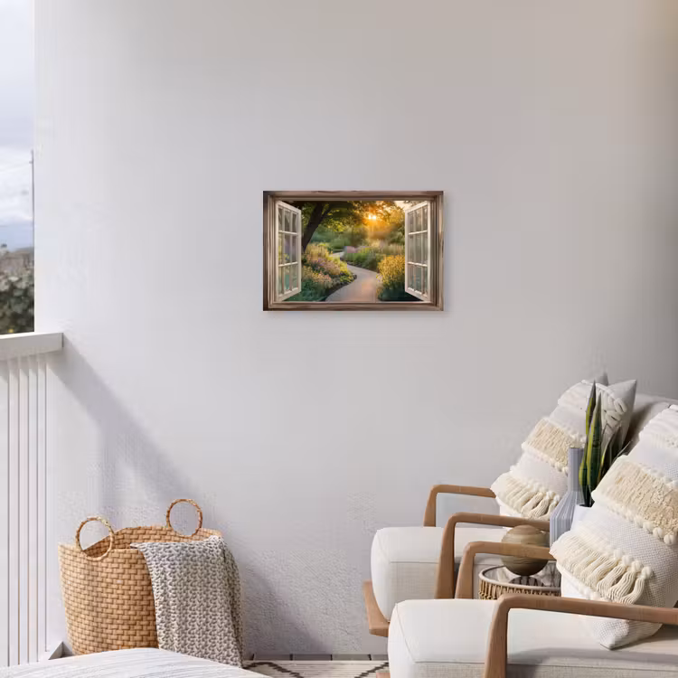 Doorkijk - Bloemen - Natuur - Zon - Pad Tuinposter op houten frame 2 cm dik klein -sfeer1