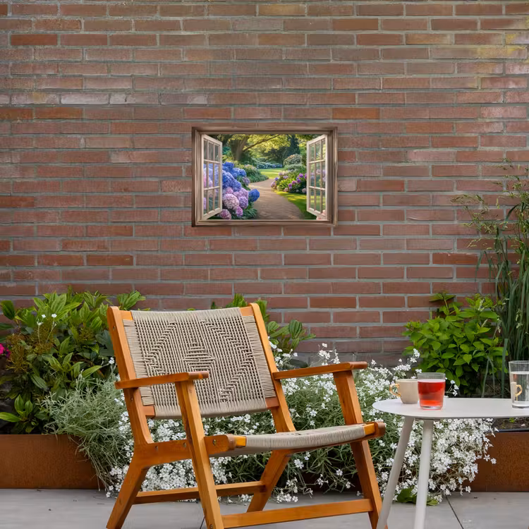 Doorkijk - Tuin - Raam - Hortensia - Bloemen Tuinposter op houten frame 2 cm dik klein -sfeer3