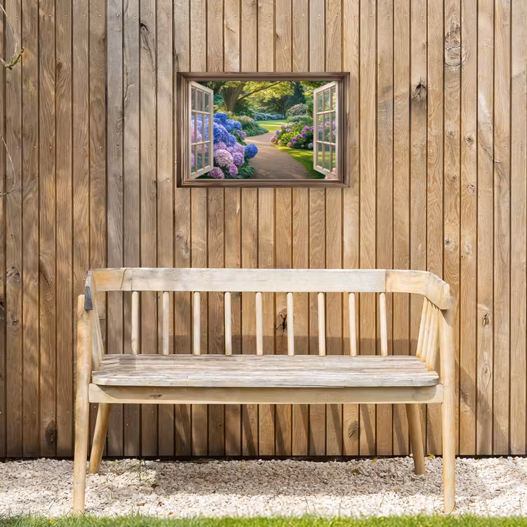 Doorkijk - Tuin - Raam - Hortensia - Bloemen Tuinposter op houten frame 2 cm dik klein -sfeer4