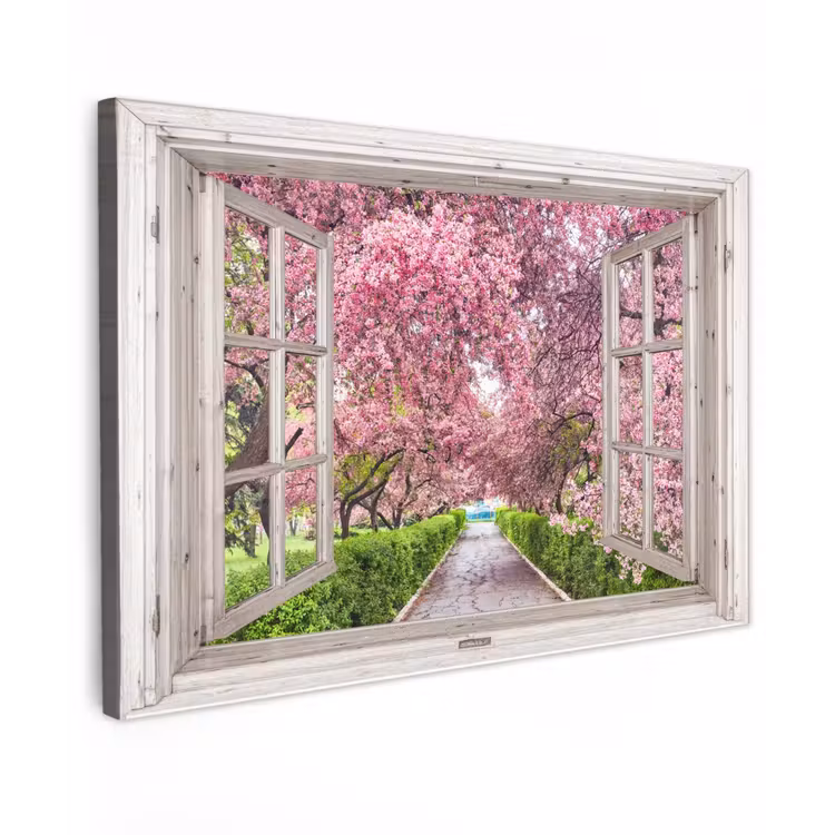 Uitzicht op Bloeiende Kersenbomen Tuinposter op houten frame 2 cm dik klein -3d
