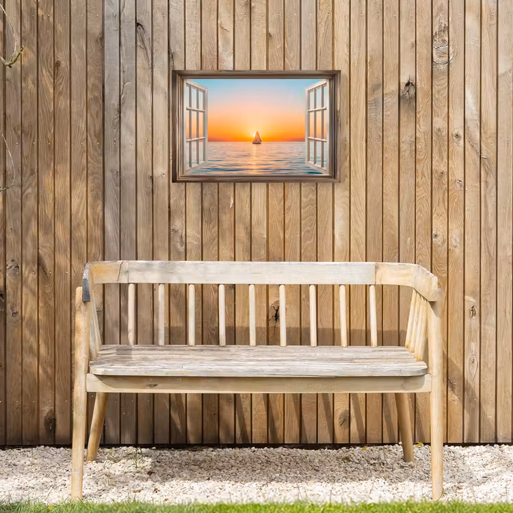 Doorkijk - Zee - Boot - Zonsondergang Tuinposter op houten frame 2 cm dik klein -sfeer4
