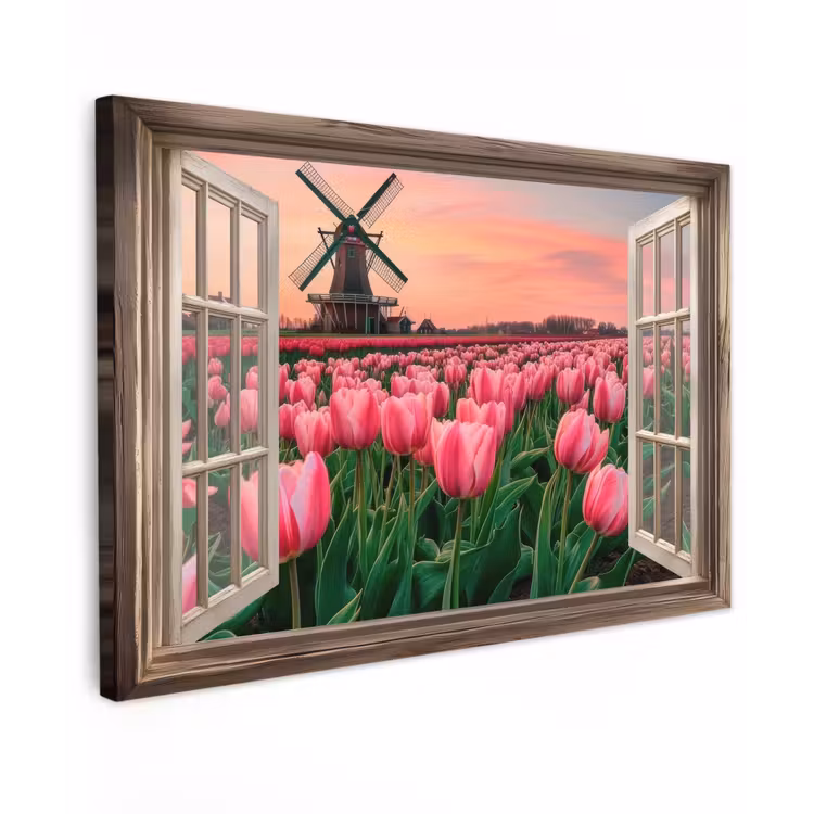 Doorkijk - Tulpen - Bloemen - Molen - Raam Tuinposter op houten frame 2 cm dik klein -3d