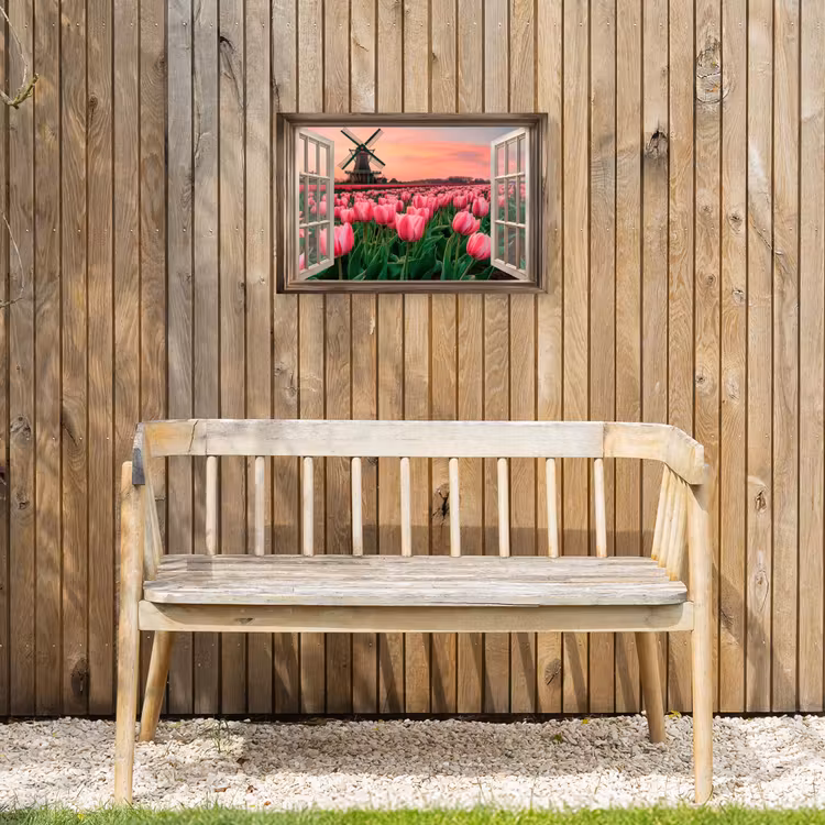 Doorkijk - Tulpen - Bloemen - Molen - Raam Tuinposter op houten frame 2 cm dik klein -sfeer4