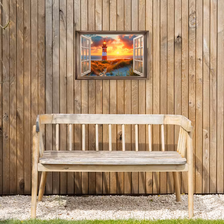 Doorkijk - Raam - Vuurtoren - Zonsondergang - Strand Tuinposter op houten frame 2 cm dik klein -sfeer4