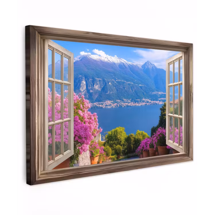 Doorkijk - Berg - Landschap - Uitzicht - Meer Tuinposter op houten frame 2 cm dik klein -3d