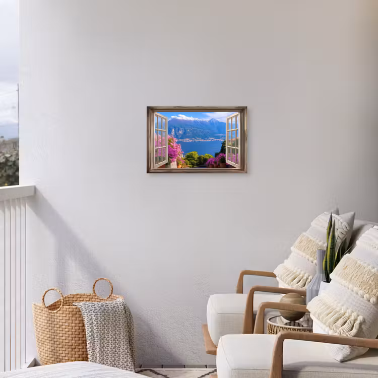 Doorkijk - Berg - Landschap - Uitzicht - Meer Tuinposter op houten frame 2 cm dik klein -sfeer1