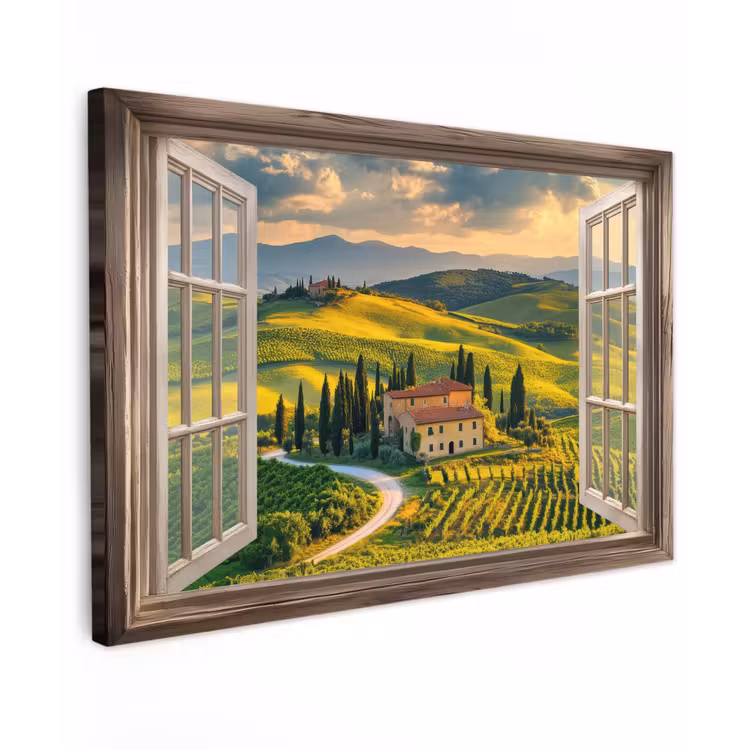 Doorkijk - Toscane - Uitzicht - Landschap - Zomer Tuinposter op houten frame 2 cm dik klein -3d