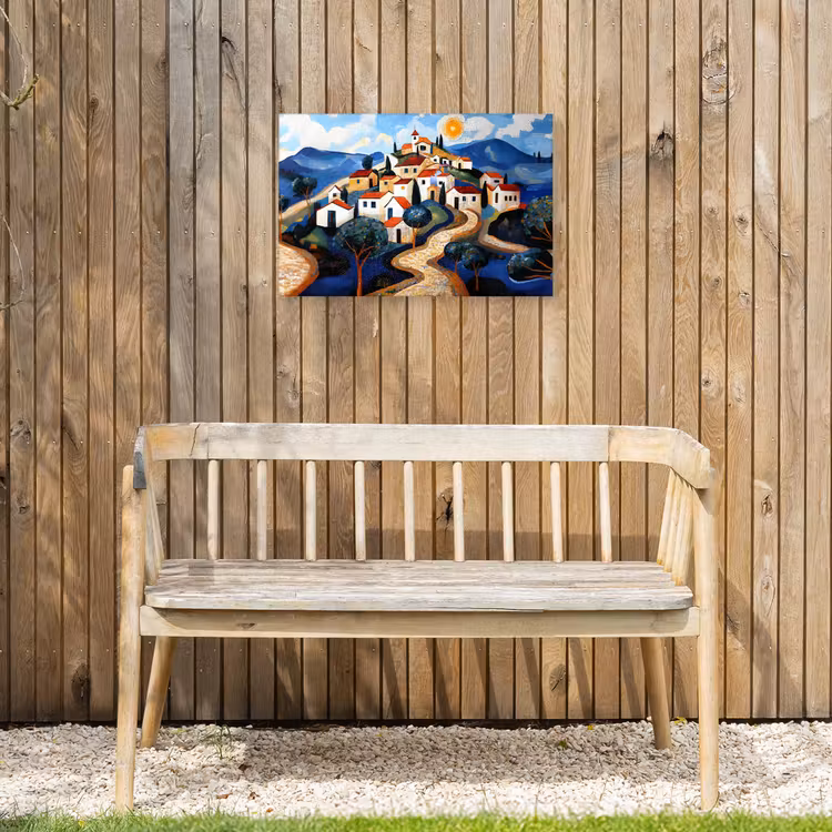 Dorp - Heuvelachtig - Zon - Mozaïek Tuinposter op houten frame 2 cm dik klein -sfeer4