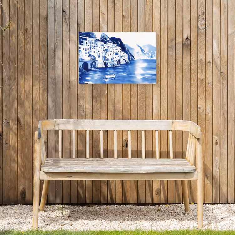 Dorp - Rotswand - Roeiboot - Water Tuinposter op houten frame 2 cm dik klein -sfeer4
