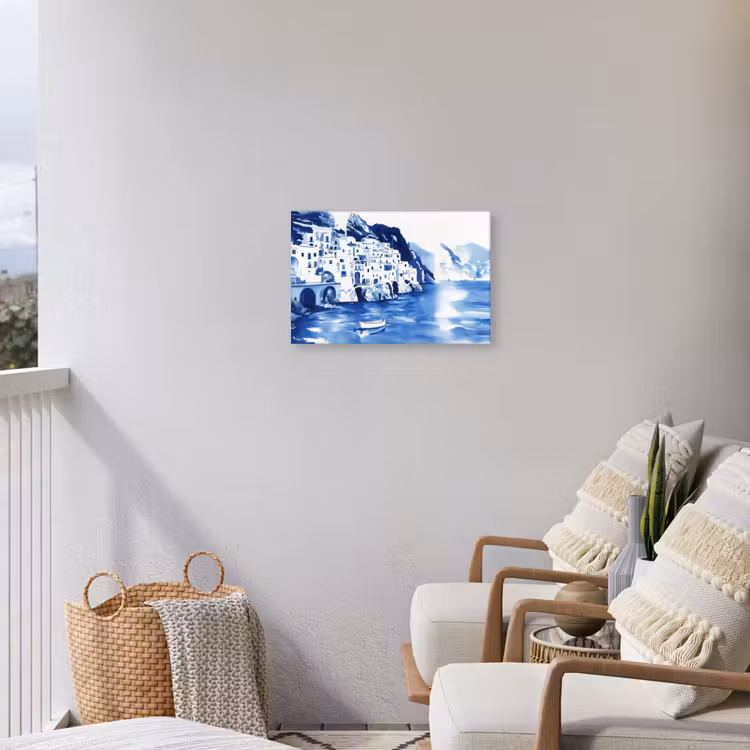 Dorp - Rotswand - Roeiboot - Water Tuinposter op houten frame 2 cm dik klein -sfeer1