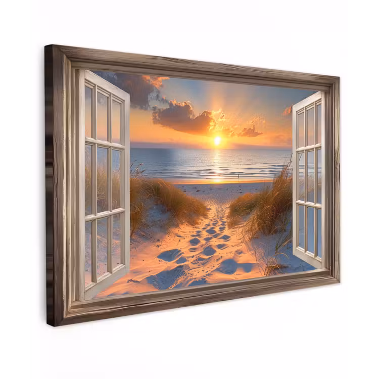Doorkijk - Strand - Duinen - Zonsondergang Tuinposter op houten frame 2 cm dik klein -3d