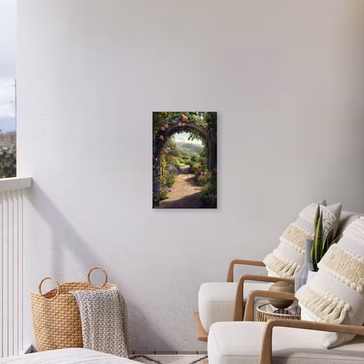 Doorkijk - Landschap - Bloemen - Rozenboog - Natuur Tuinposter op houten frame 2 cm dik klein -sfeer1