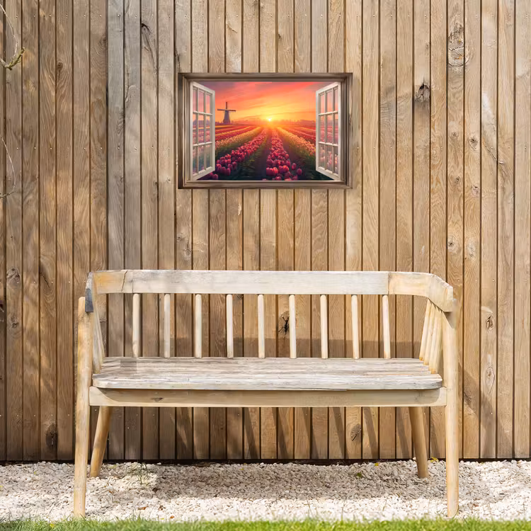 Doorkijk - Tulpen - Zonsondergang - Bloemen - Kleurrijk Tuinposter op houten frame 2 cm dik klein -sfeer4