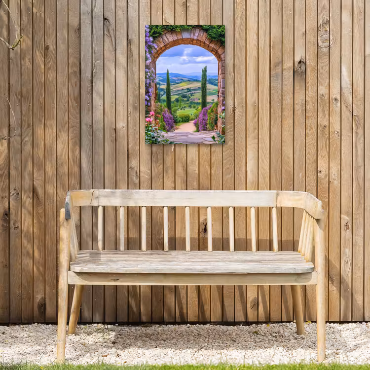 Doorkijk - Toscane - Landschap - Poort Tuinposter op houten frame 2 cm dik klein -sfeer4