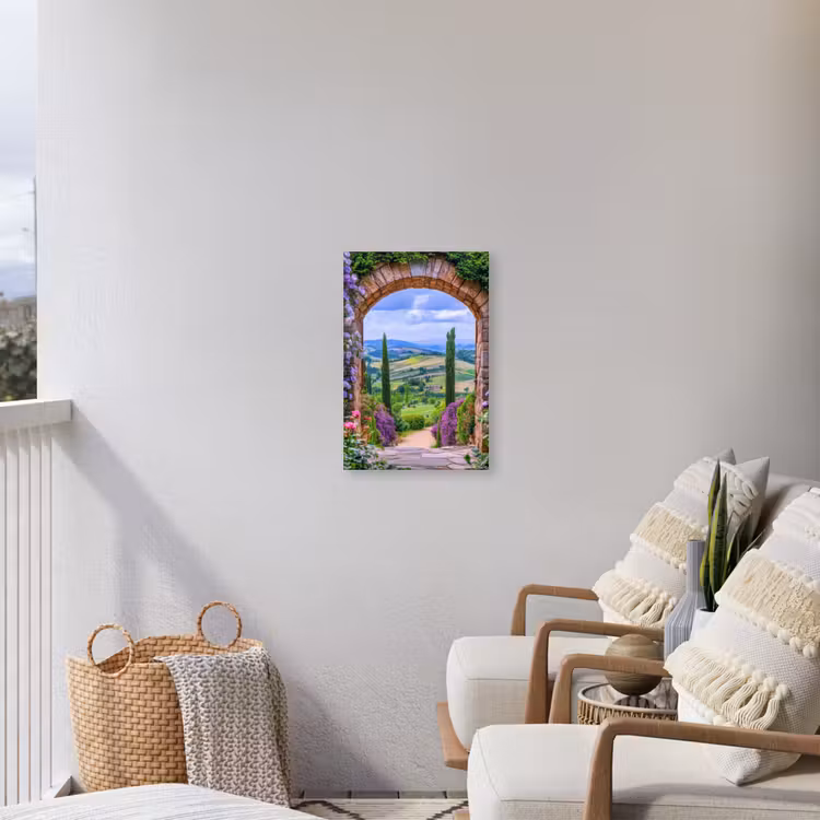 Doorkijk - Toscane - Landschap - Poort Tuinposter op houten frame 2 cm dik klein -sfeer1