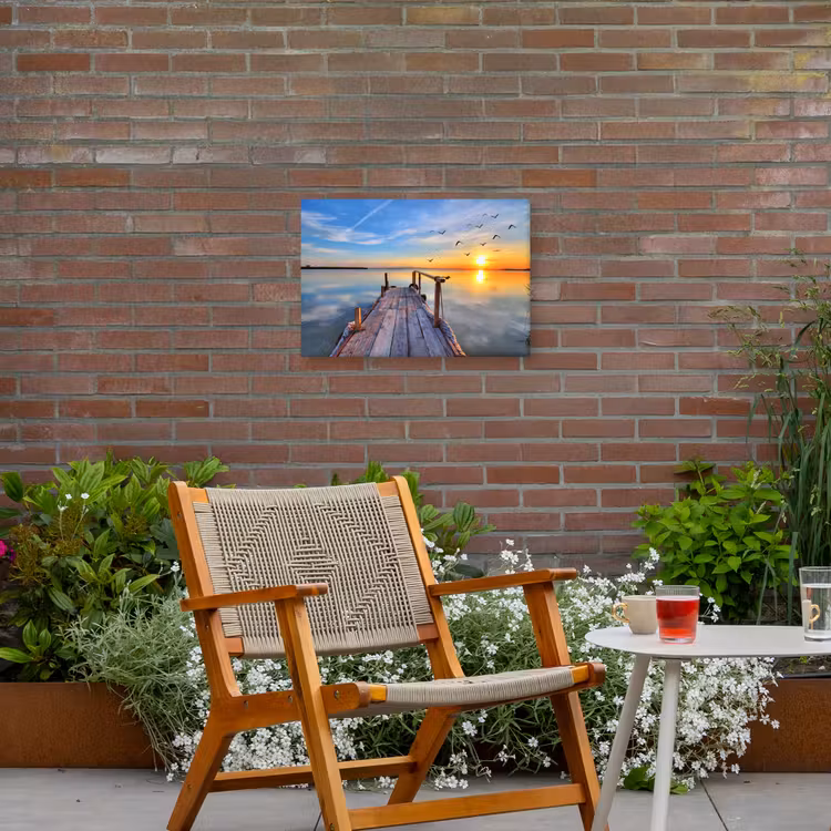 Water - Steiger - Vogels - Zonsondergang - Horizon Tuinposter op houten frame 2 cm dik klein -sfeer3