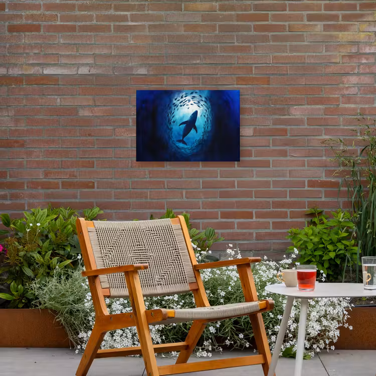 Walvis - Vissen - Donkerblauw Tuinposter op houten frame 2 cm dik klein -sfeer3