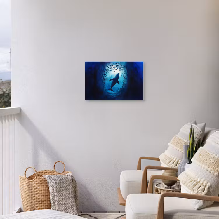 Walvis - Vissen - Donkerblauw Tuinposter op houten frame 2 cm dik klein -sfeer1