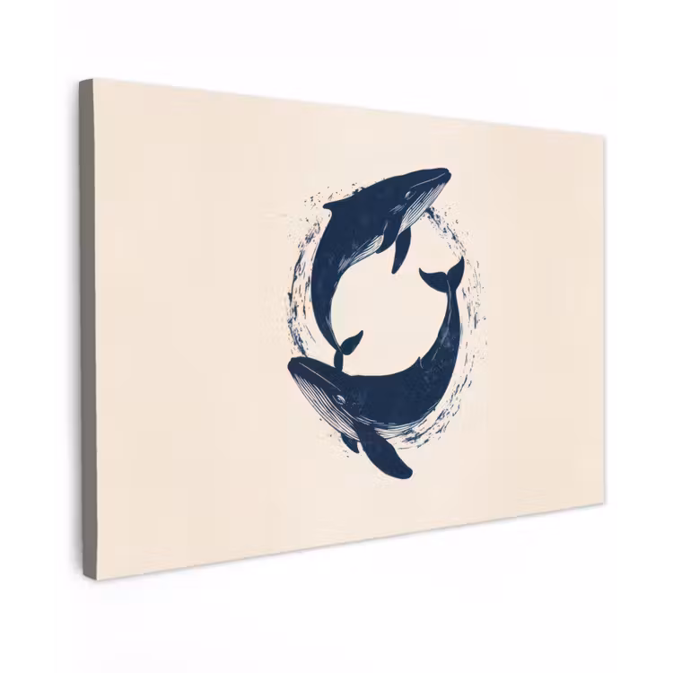 Walvissen - Spetters - Cirkel - Donkerblauw Tuinposter op houten frame 2 cm dik klein -3d