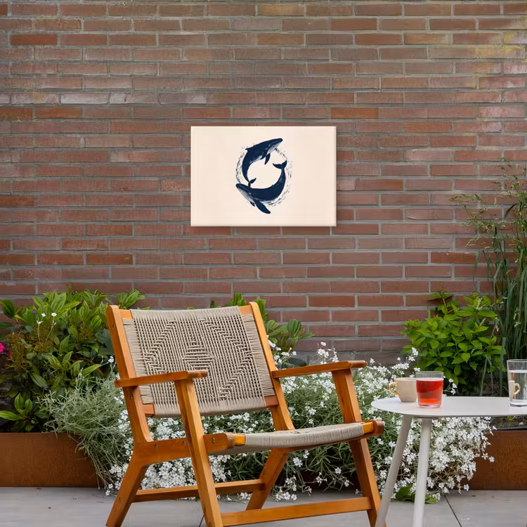 Walvissen - Spetters - Cirkel - Donkerblauw Tuinposter op houten frame 2 cm dik klein -sfeer3