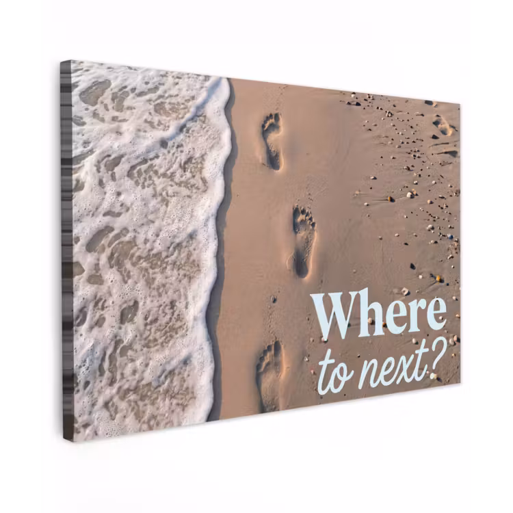 Where to next - Strand - Voetstappen Tuinposter op houten frame 2 cm dik klein -3d