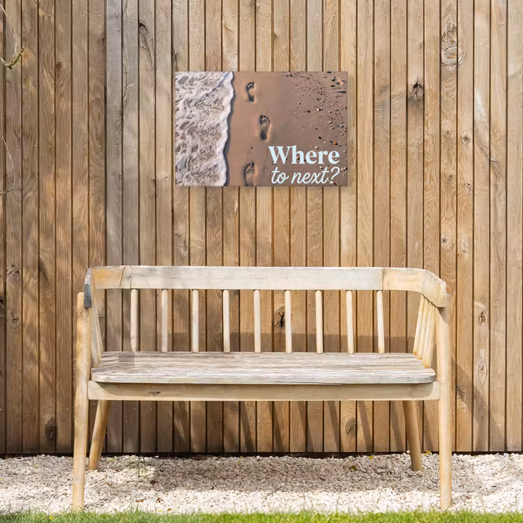 Where to next - Strand - Voetstappen Tuinposter op houten frame 2 cm dik klein -sfeer4