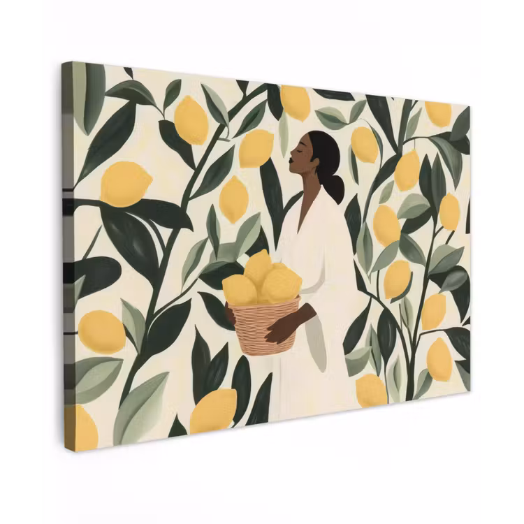 Vrouw - Mand - Citroenen - Bladeren Tuinposter op houten frame 2 cm dik klein -3d