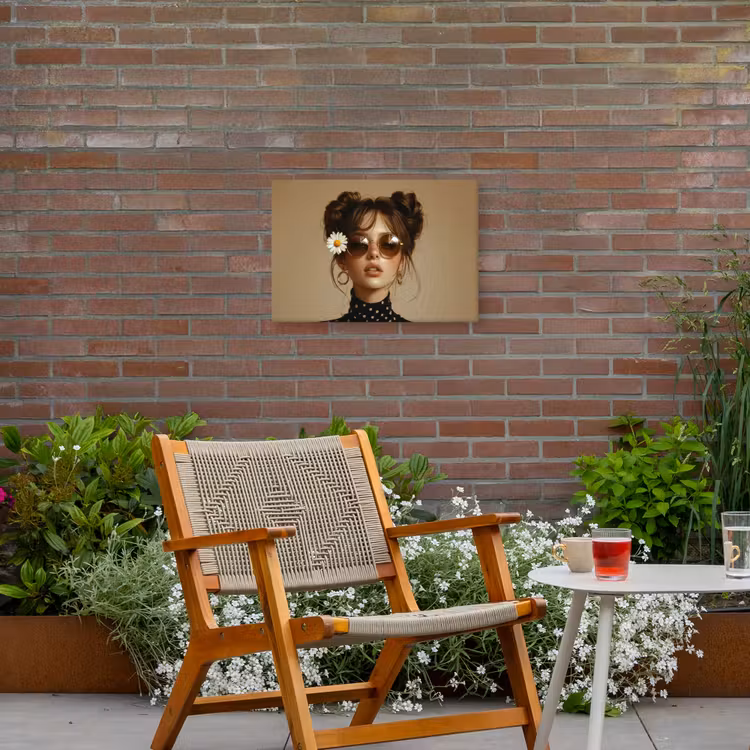 Vrouw - Beige - Bloem - Modern - Portret Tuinposter op houten frame 2 cm dik klein -sfeer3