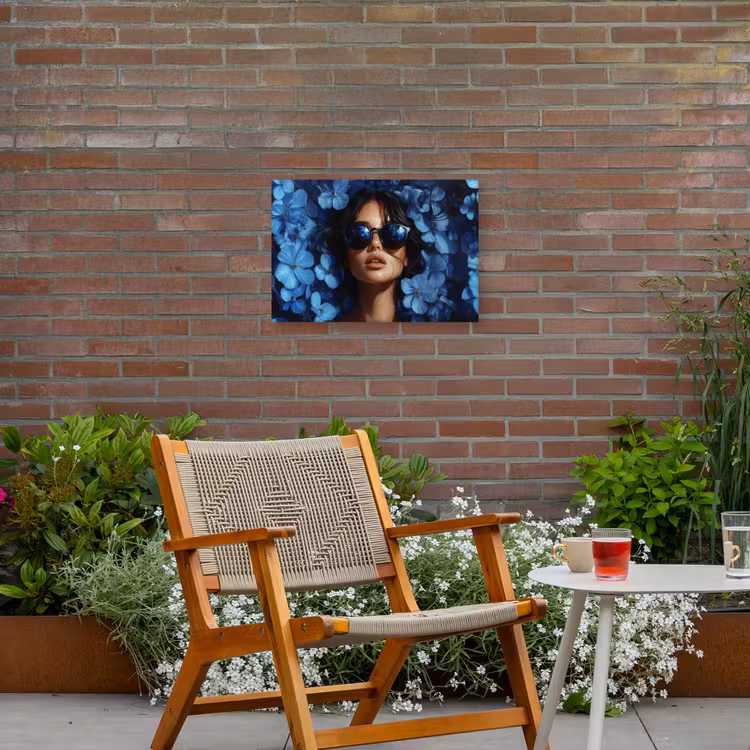 Vrouw - Blauw - Bloemen - Vlinders - Natuur Tuinposter op houten frame 2 cm dik klein -sfeer3