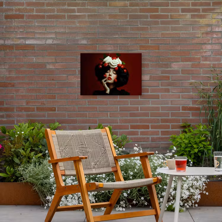 Vrouw - Kersen - Slagroom Tuinposter op houten frame 2 cm dik klein -sfeer3