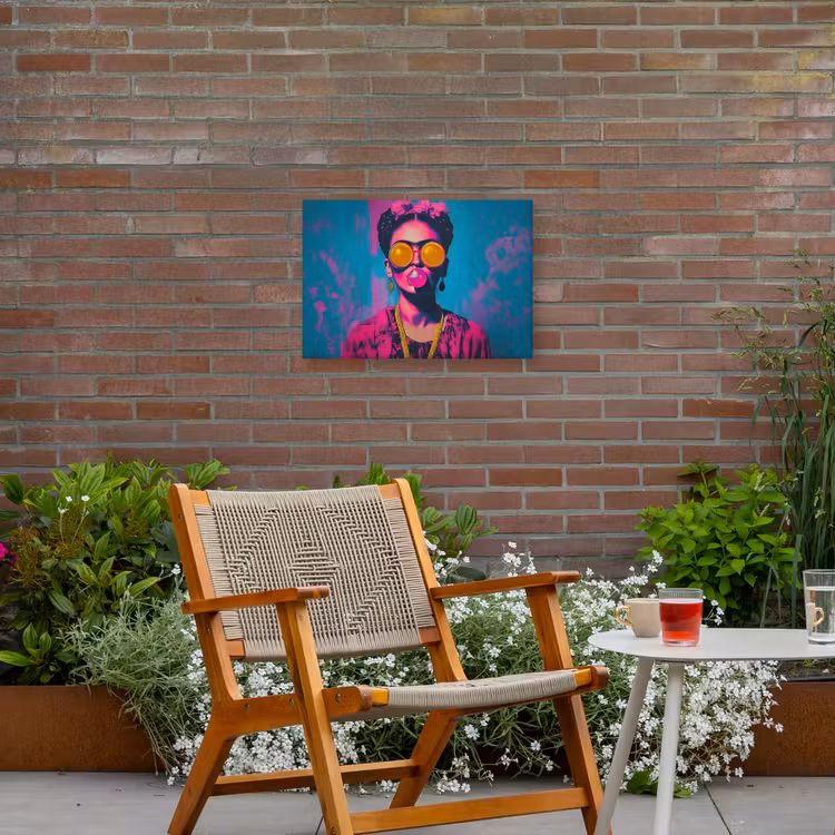 Vrouw - Kauwgom - Zonnebril - Oranje Tuinposter op houten frame 2 cm dik klein -sfeer3